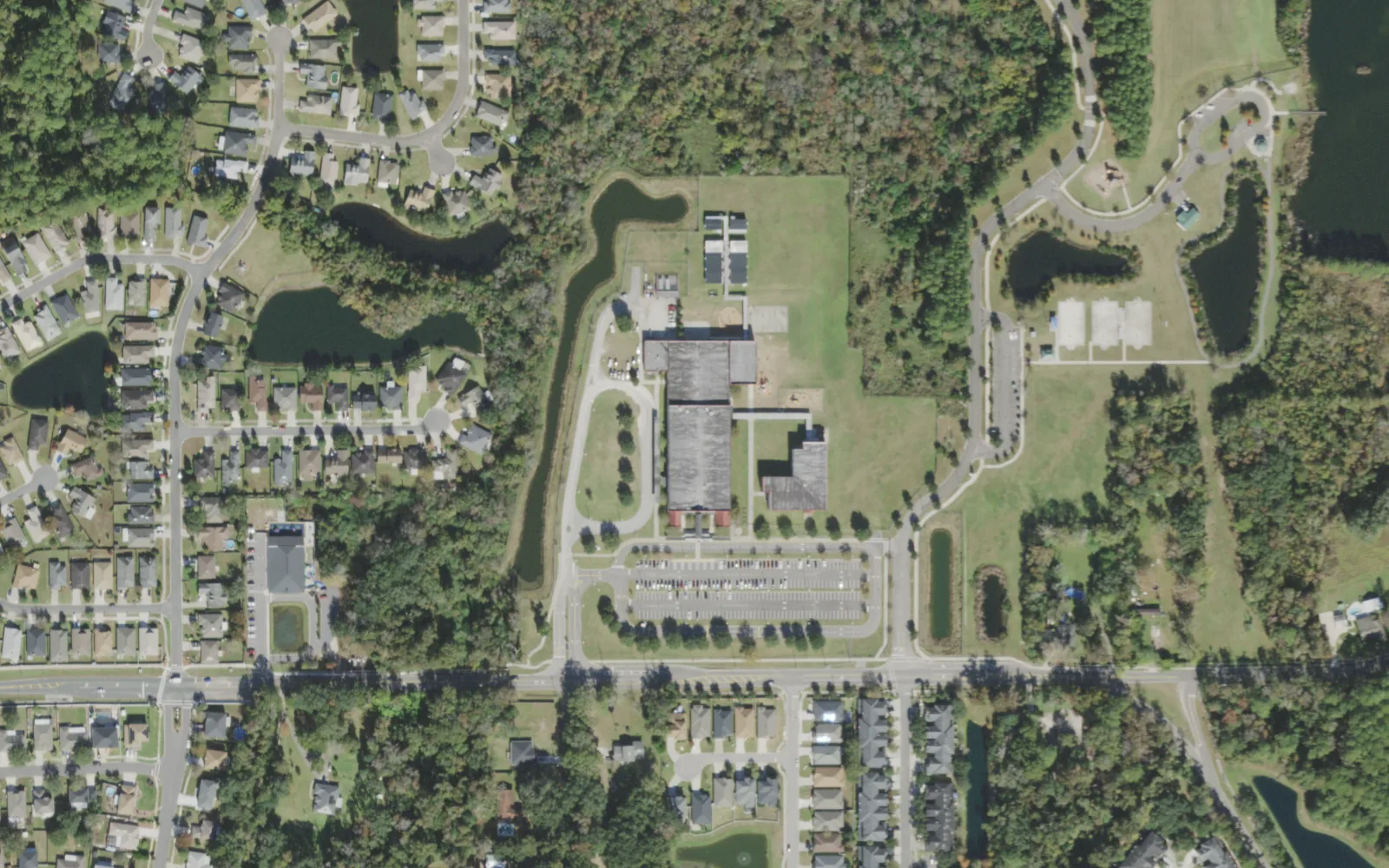 New Berlin Elementary's campus (center) and the blocks around it on New Berlin Road in Jacksonville, seen from the air