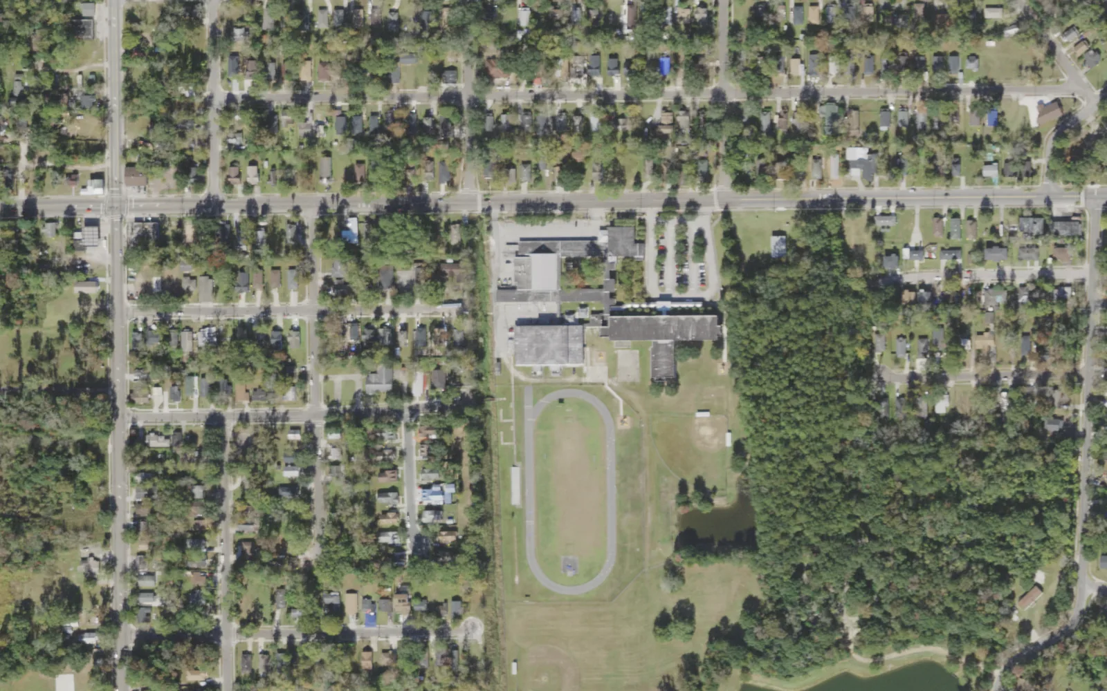 Northwestern Legends Elementary's campus (center) and the blocks around it on West 45th Street in Jacksonville, seen from the air
