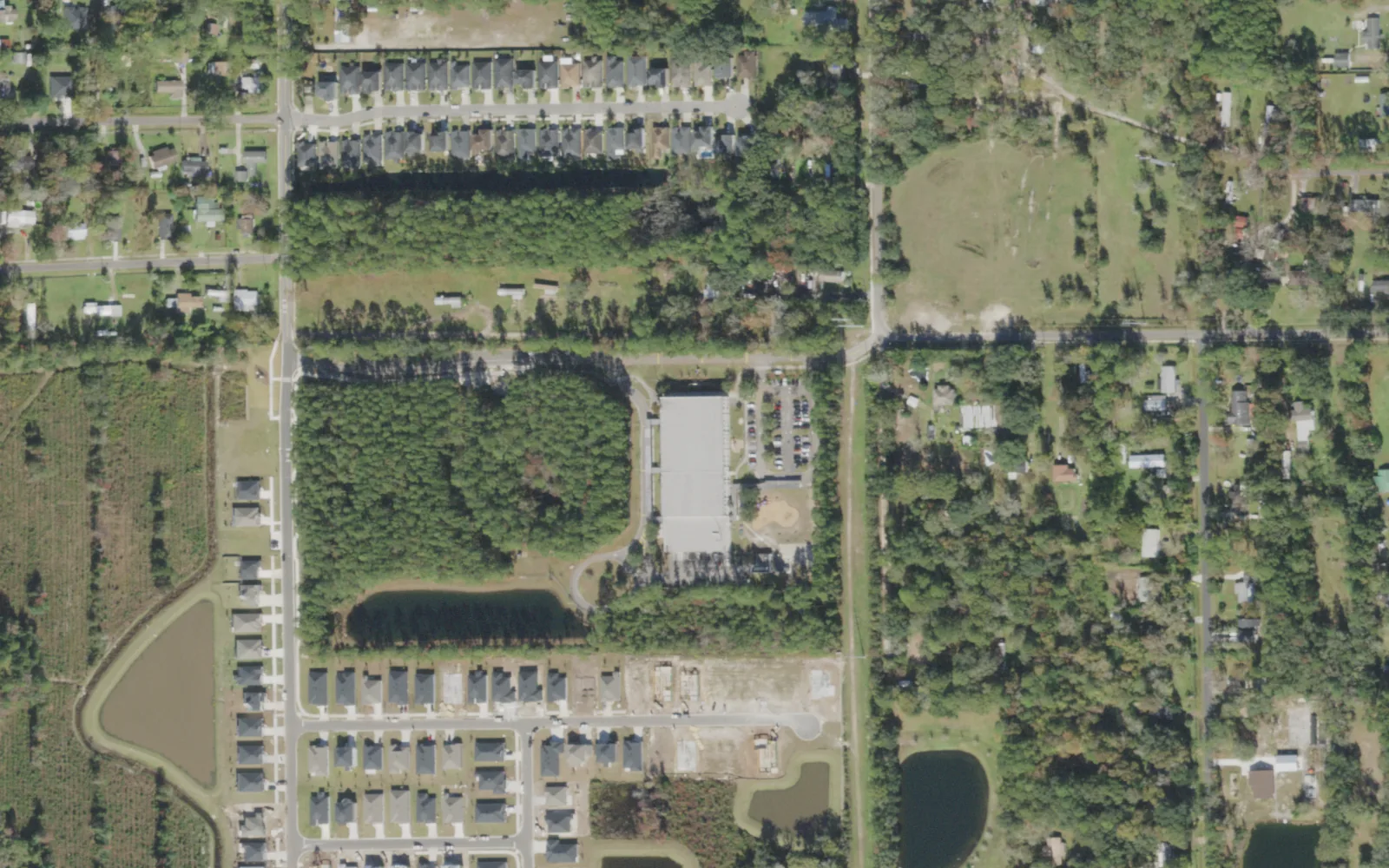 Oceanway Elementary's campus (center) and the blocks around it on Gillespie Avenue in Jacksonville, seen from the air