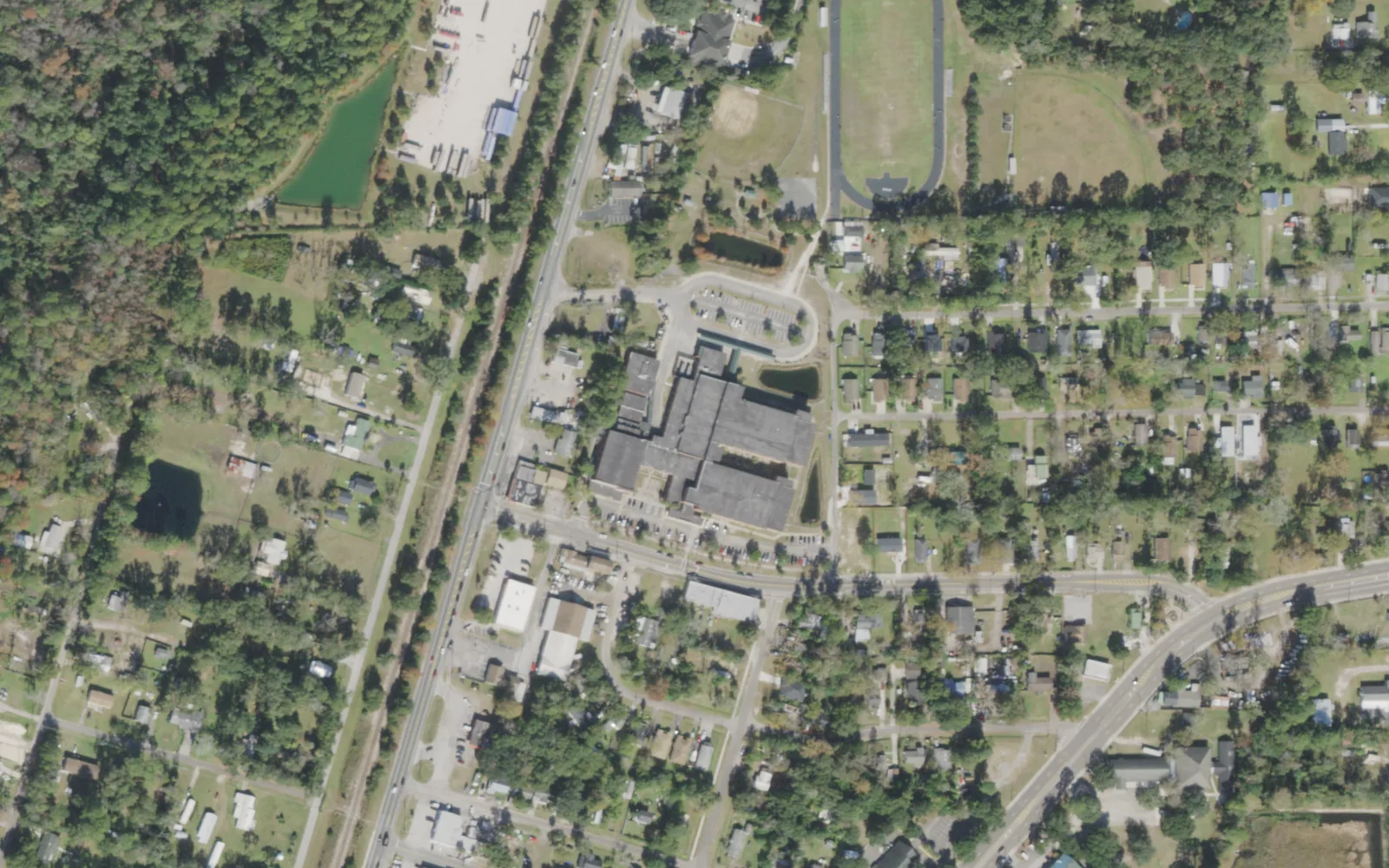 Oceanway Middle's campus (center) and the blocks around it on Oceanway Avenue in Jacksonville, seen from the air