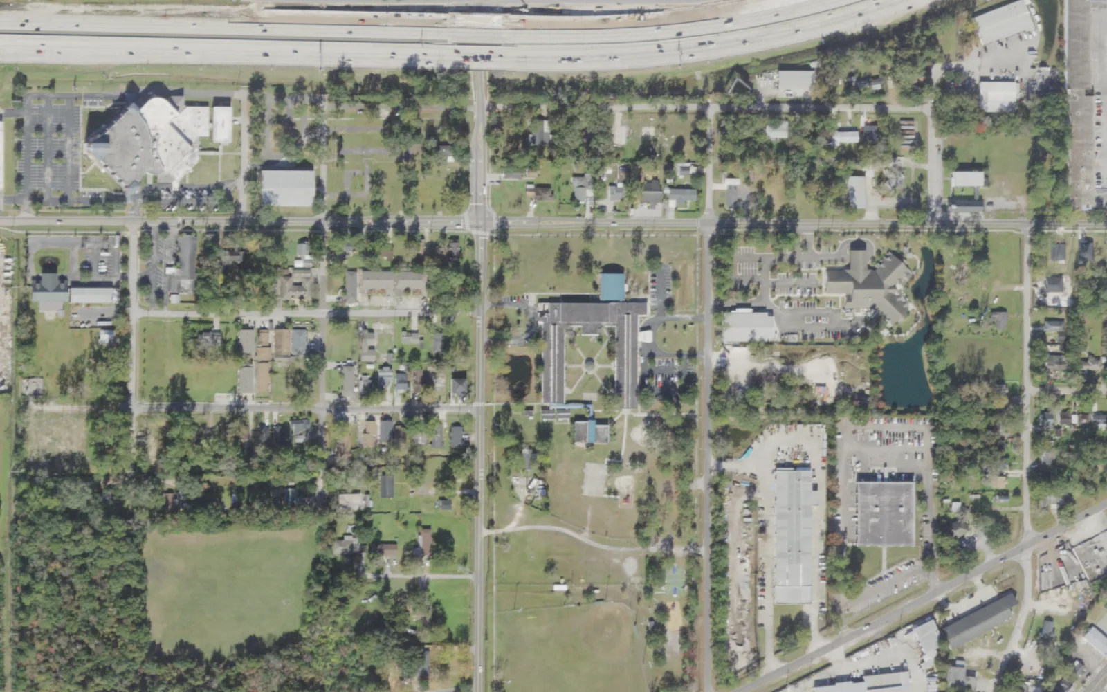 Ramona Boulevard Elementary's campus (center) and the blocks around it on Ramona Boulevard in Jacksonville, seen from the air