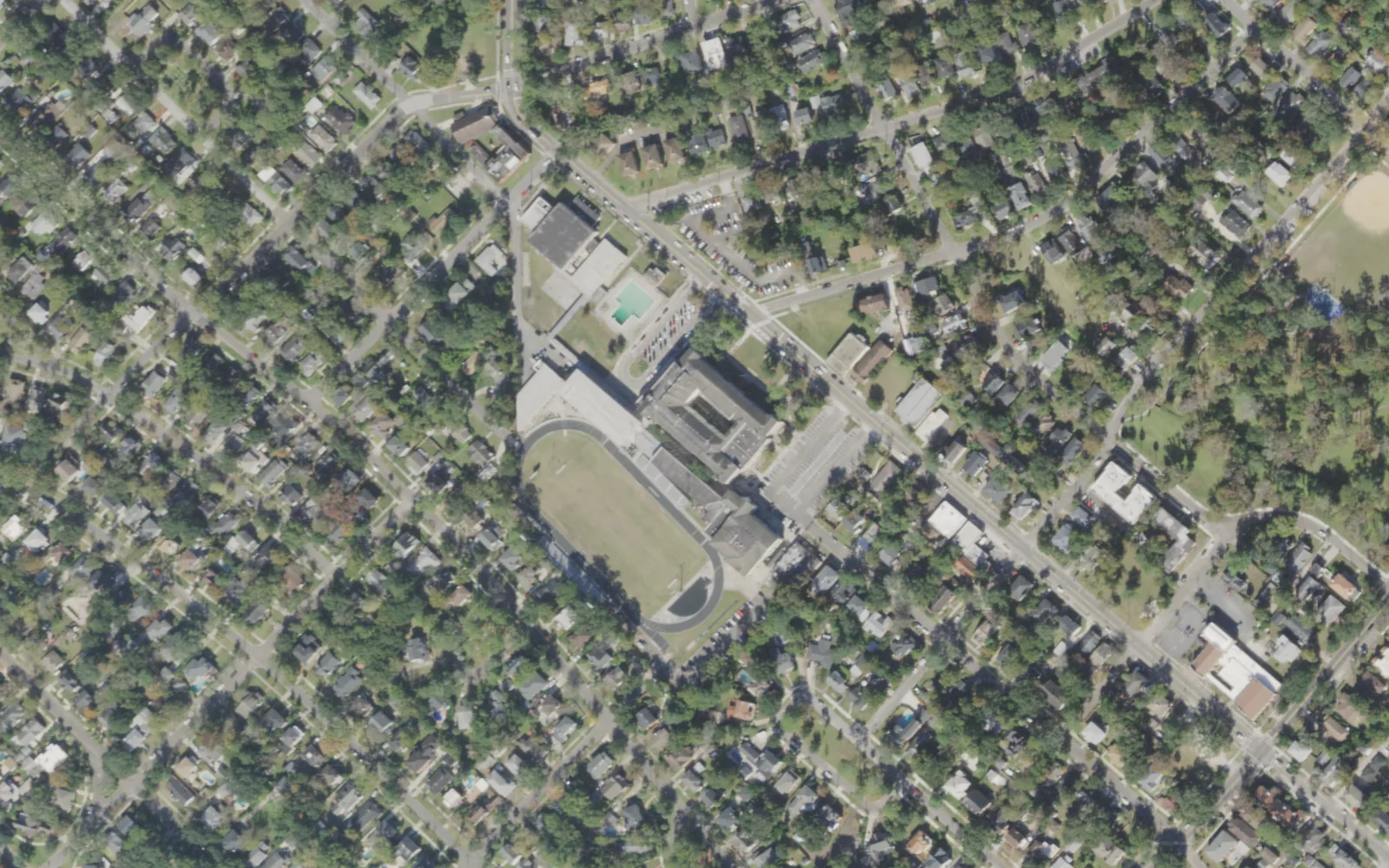 Riverside High's campus (center) and the blocks around it on McDuff Avenue South in Jacksonville, seen from the air