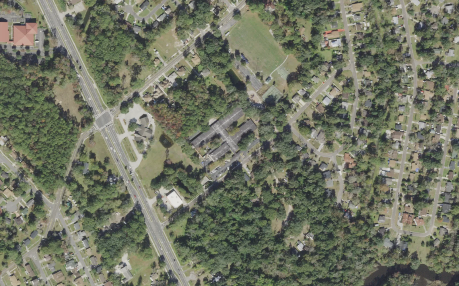 Rufus E. Payne Elementary's campus (center) and the blocks around it on Hema Road in Jacksonville, seen from the air