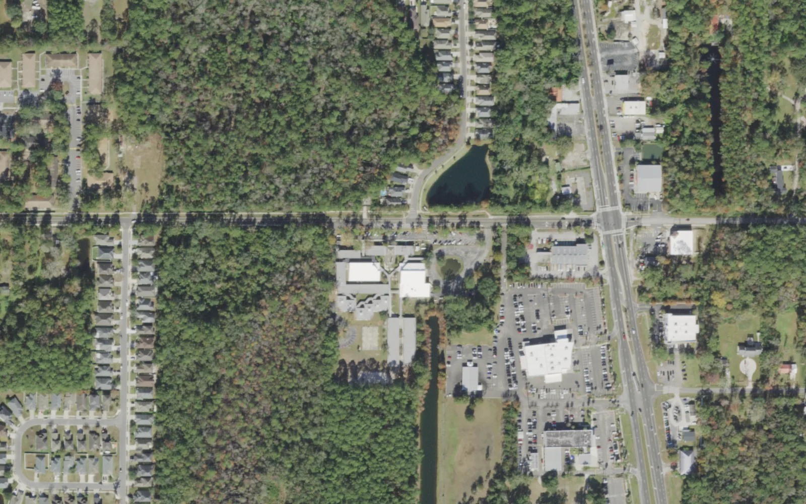 Sadie T. Tillis Elementary's campus (center) and the blocks around it on Morse Avenue in Jacksonville, seen from the air