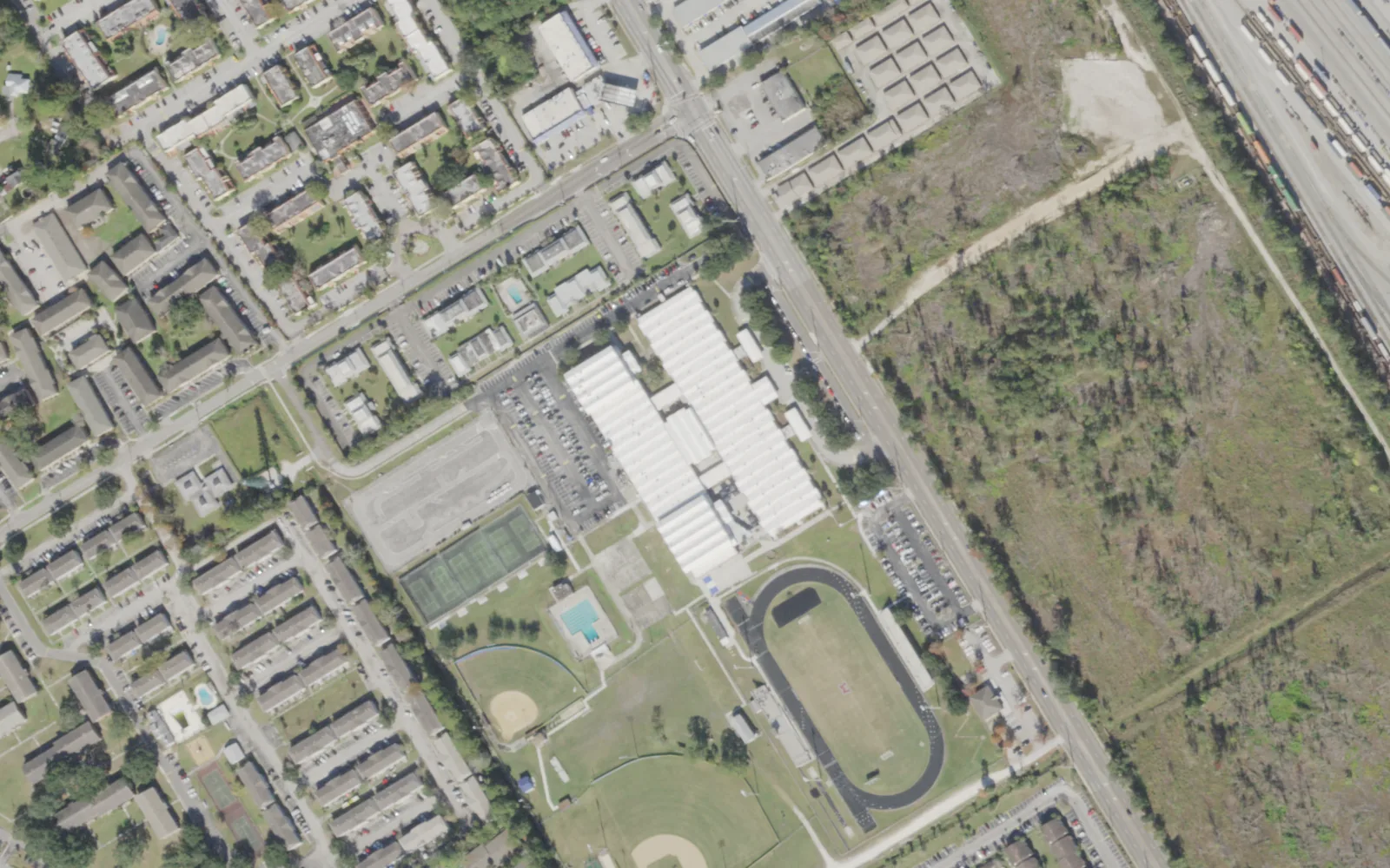 Samuel W. Wolfson School for Advanced Studies' campus (center) and the blocks around it on Powers Avenue in Jacksonville, seen from the air
