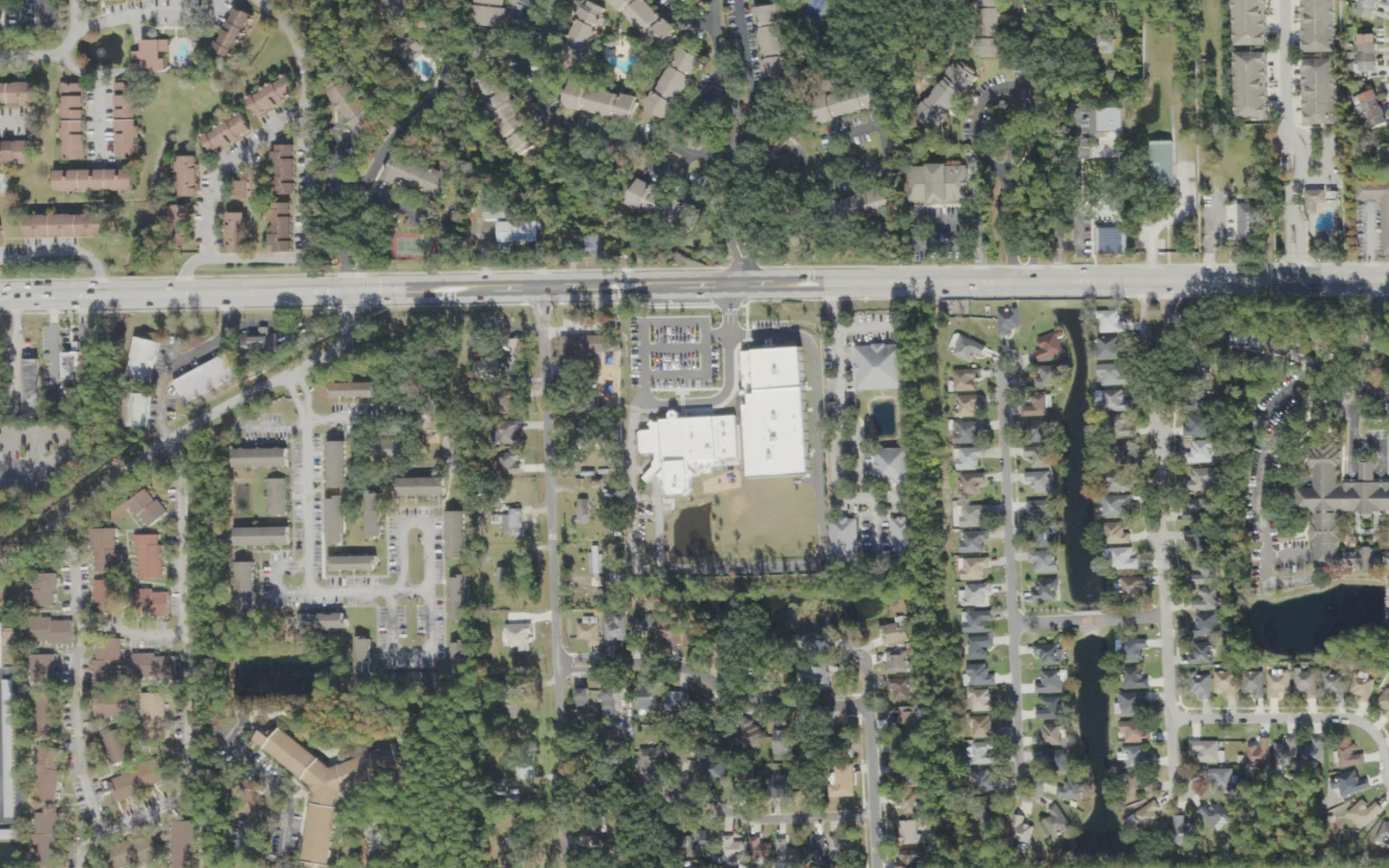 The San Jose Prep and San Jose Primary School campus (center) and the area around it on Sunbeam Road in Jacksonville, seen from the air