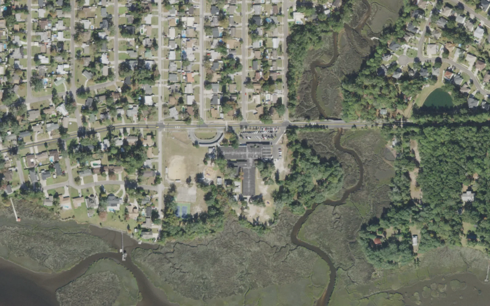 San Mateo Elementary's campus (center) and the blocks around it on Baisden Road in Jacksonville, seen from the air