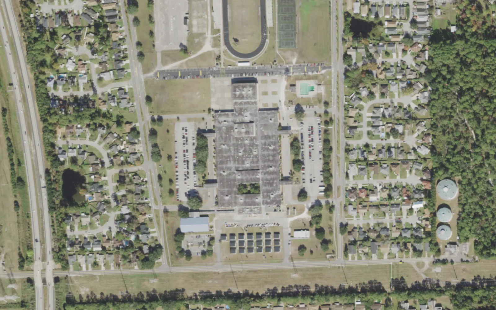Sandalwood High's campus (center) and the blocks around it on John Prom Boulevard in Jacksonville, seen from the air