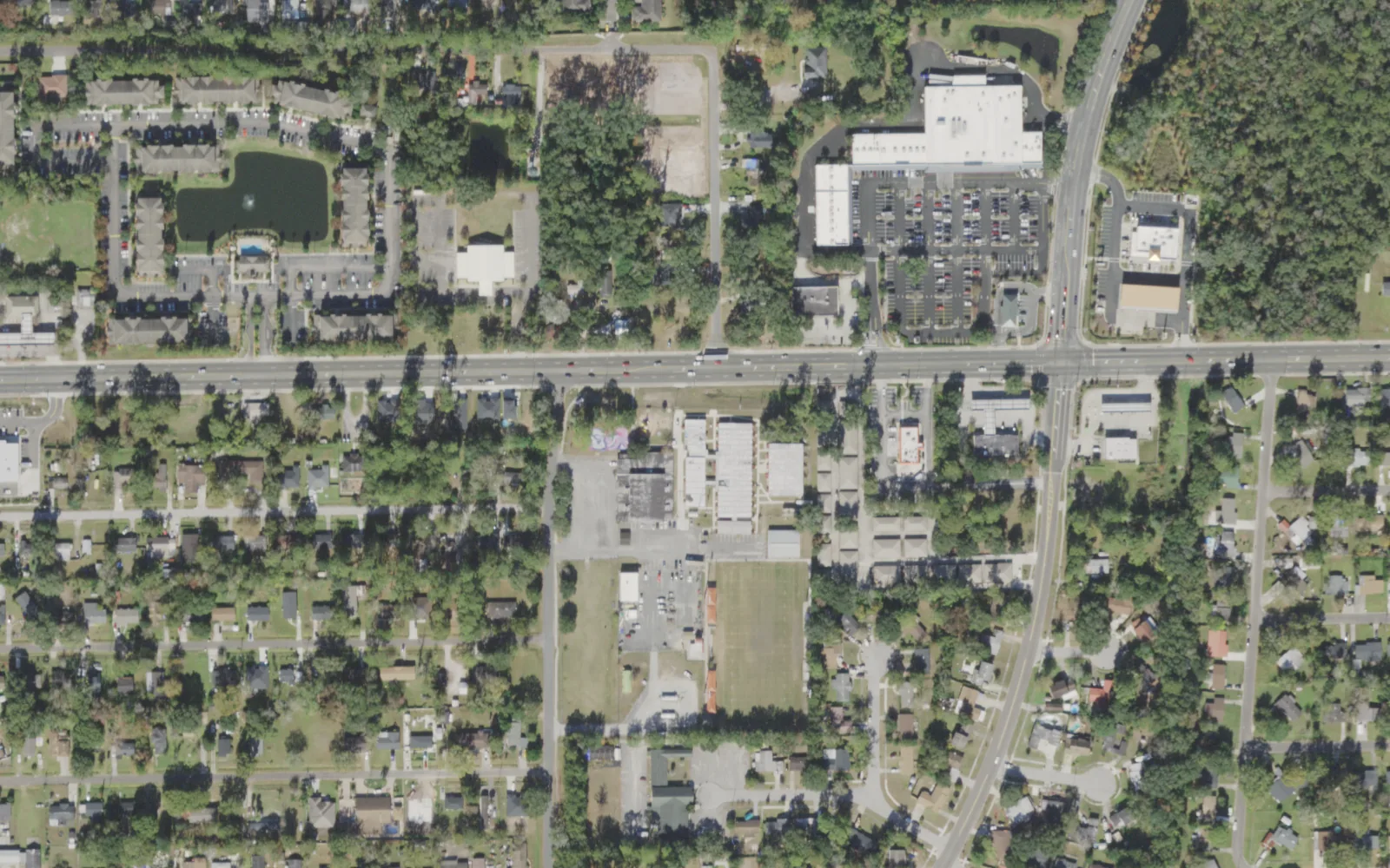 School of Success Academy's campus (center) and the area around it on Wilson Boulevard in Jacksonville, seen from the air