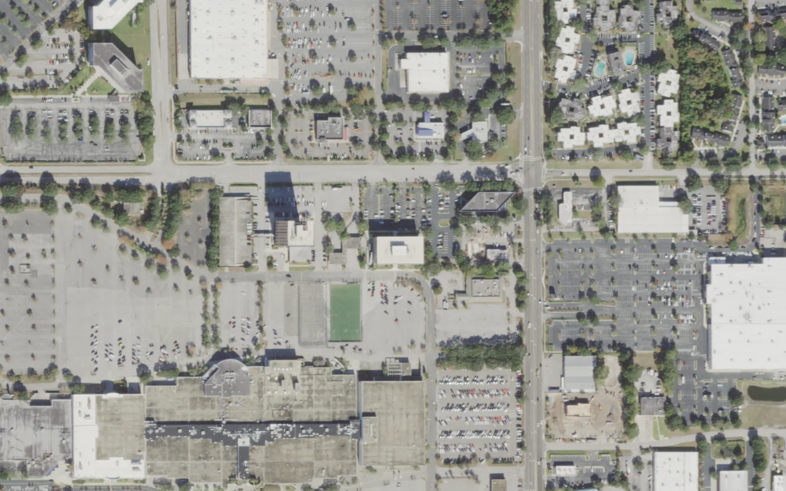Seacoast Charter Academy's campus (center) and the area around it on Regency Square Boulevard in Jacksonville, seen from the air