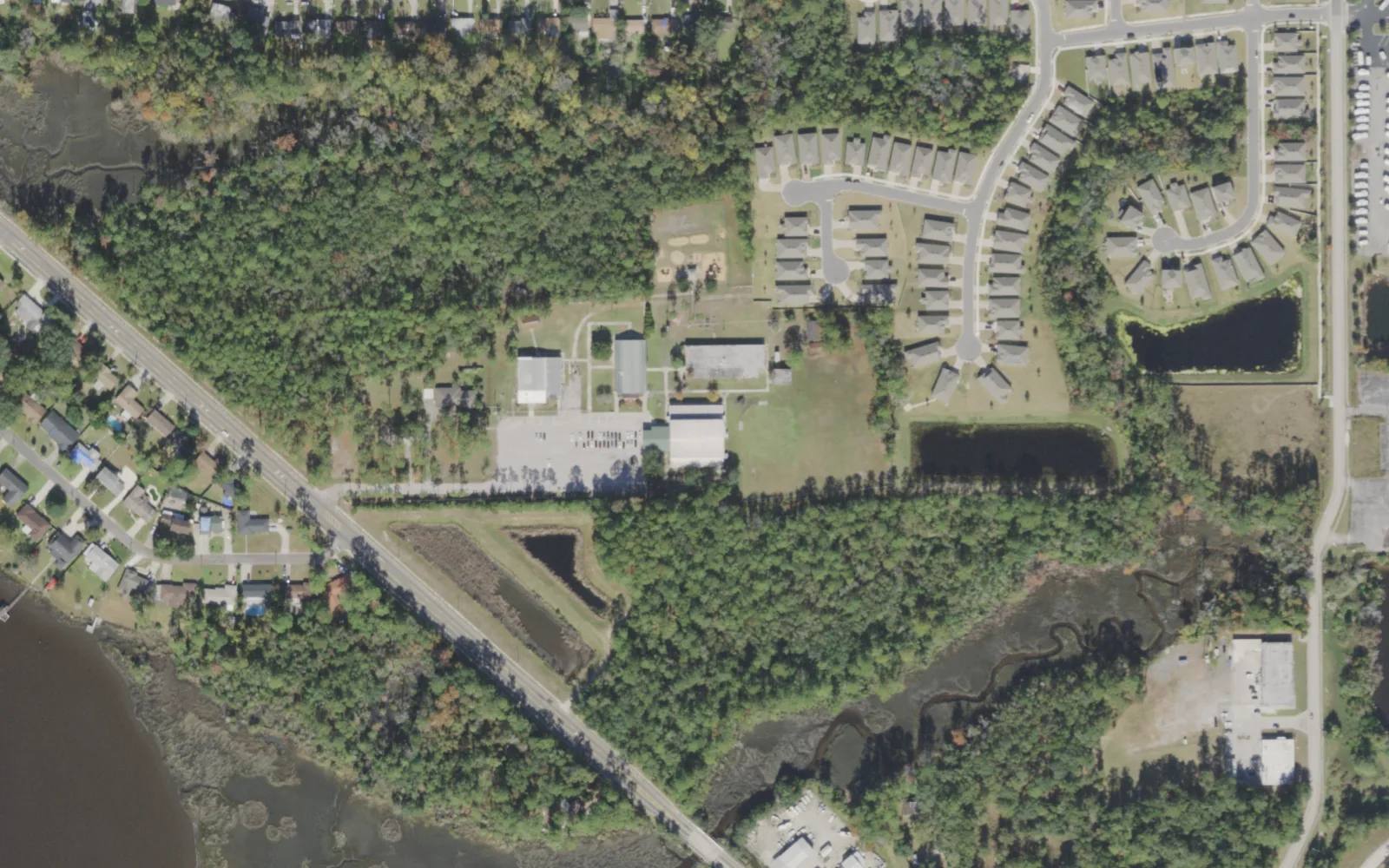 Seaside Charter North Campus' campus (center) and the area around it on Broward Road in Jacksonville, seen from the air
