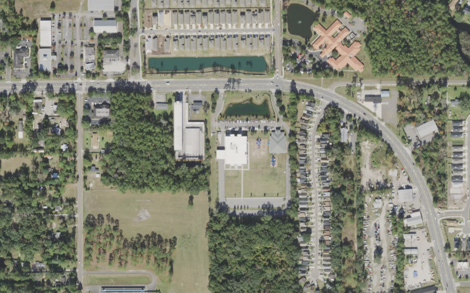 The Somerset Academy Eagle Campus (center) and the area around it on Dunn Avenue in Jacksonville, seen from the air
