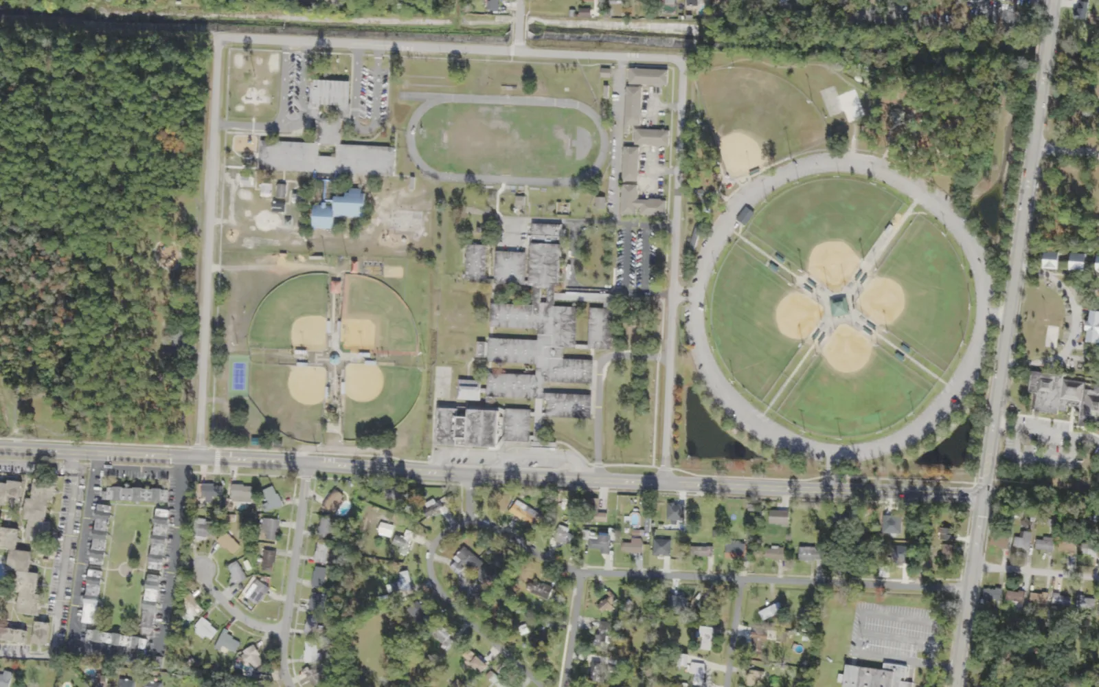 Southside Middle's campus (center) and the blocks around it on Knights Lane East in Jacksonville, seen from the air