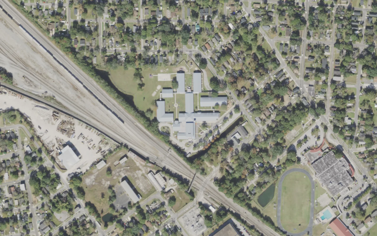 S.P. Livingston Elementary's campus (center) and the blocks around it on Barber Street in Jacksonville, seen from the air
