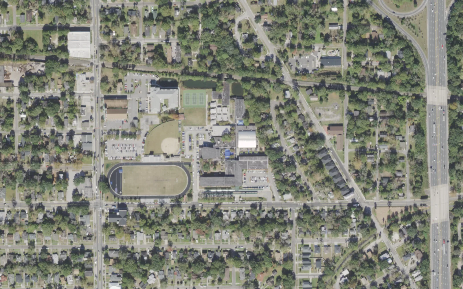 Stanton College Preparatory's campus (center) and the blocks around it on West 13th Street in Jacksonville, seen from the air