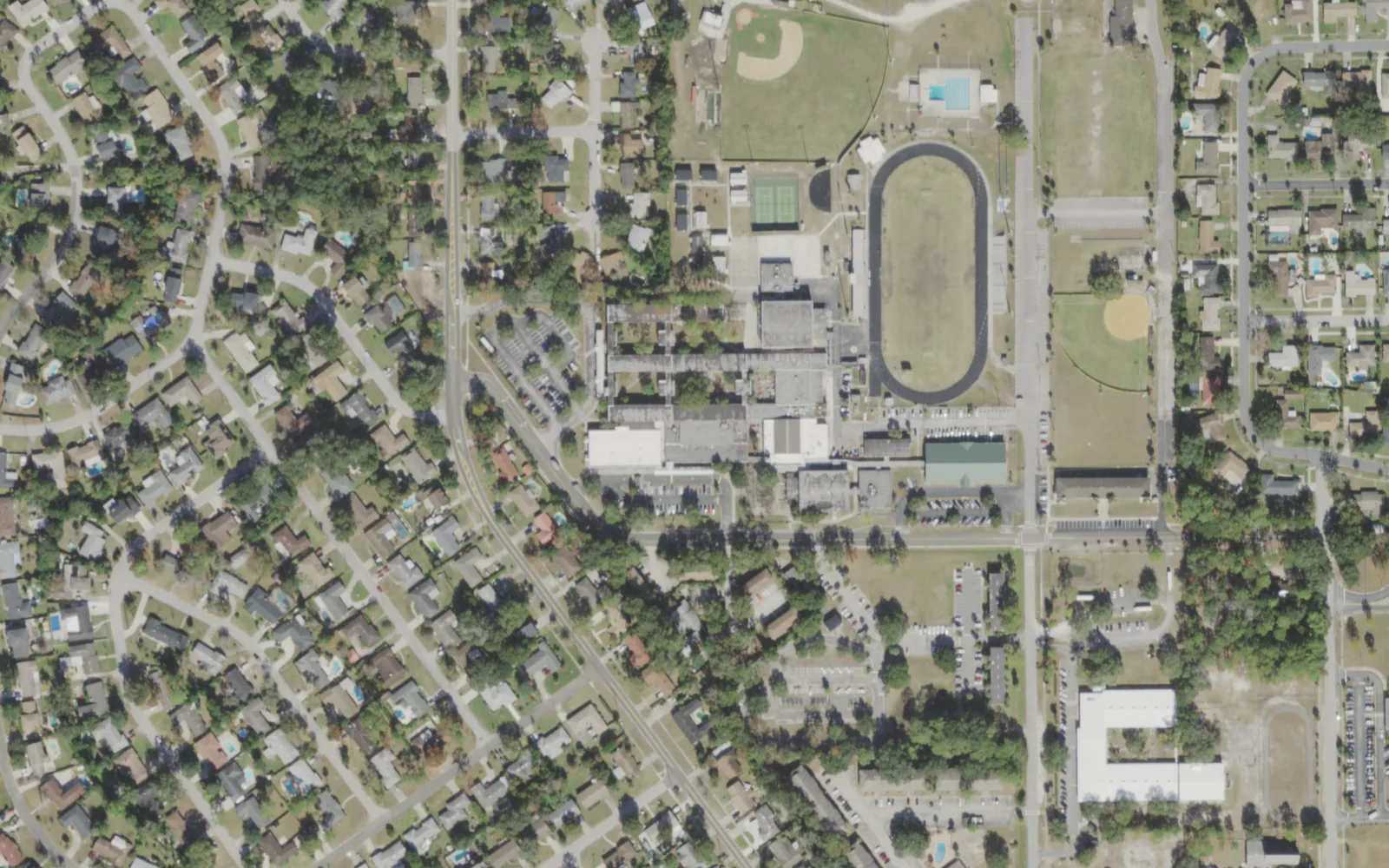 Terry Parker High's campus (center) and the blocks around it on Parker School Road in Jacksonville, seen from the air