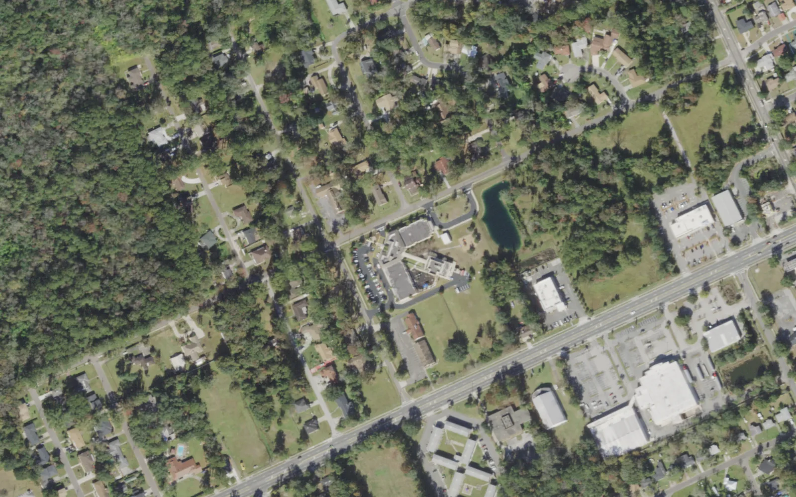 Tiger Academy's campus (center) and the area around it on Bagley Road in Jacksonville, seen from the air