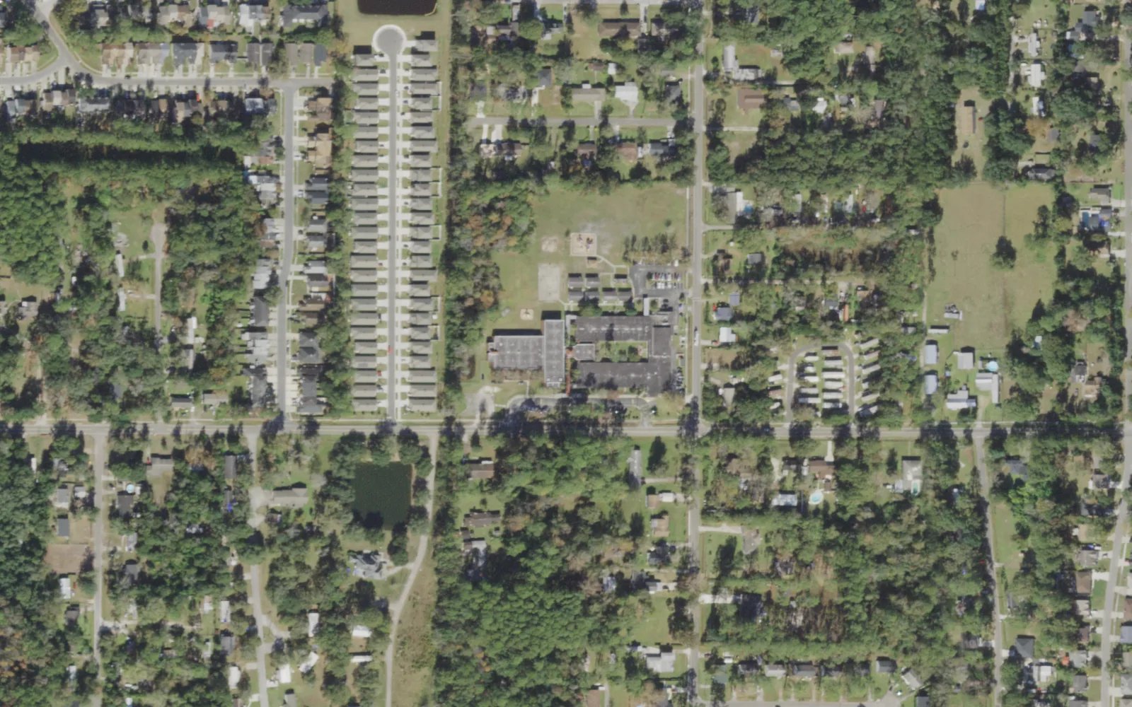 Timucuan Elementary's campus (center) and the blocks around it on 110th Street in Jacksonville, seen from the air