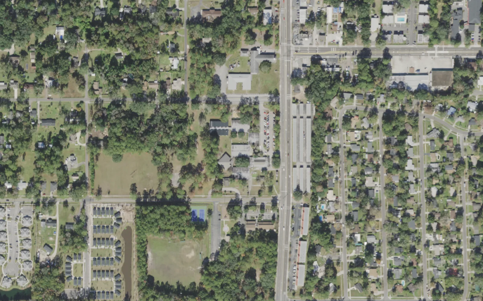 The former Hyde Grove Elementary campus (center) on Lane Avenue South in Jacksonville, where Venetia Elementary is temporarily housed, seen from the air