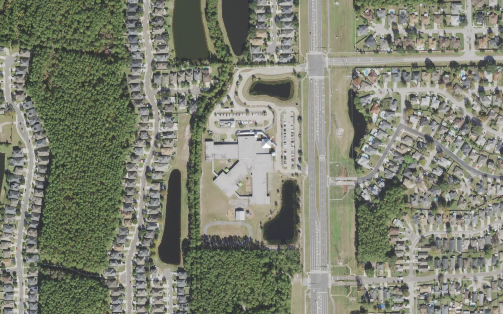 Waterleaf Elementary's campus (center) and the blocks around it on Kernan Boulevard North in Jacksonville, seen from the air