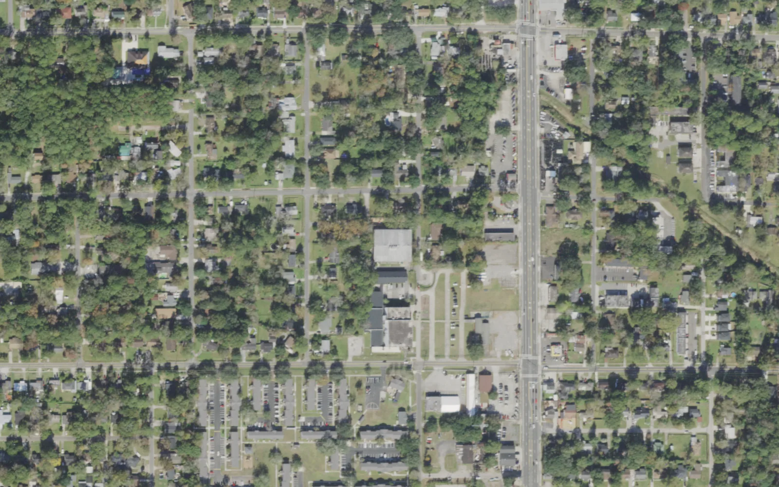 Wayman Academy of the Arts' campus (center) and the blocks around it on LaBelle Street in Jacksonville, seen from the air