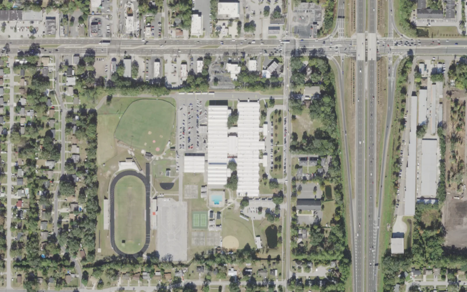 Westside High's campus (center) and the blocks around it on Firestone Road in Jacksonville, seen from the air