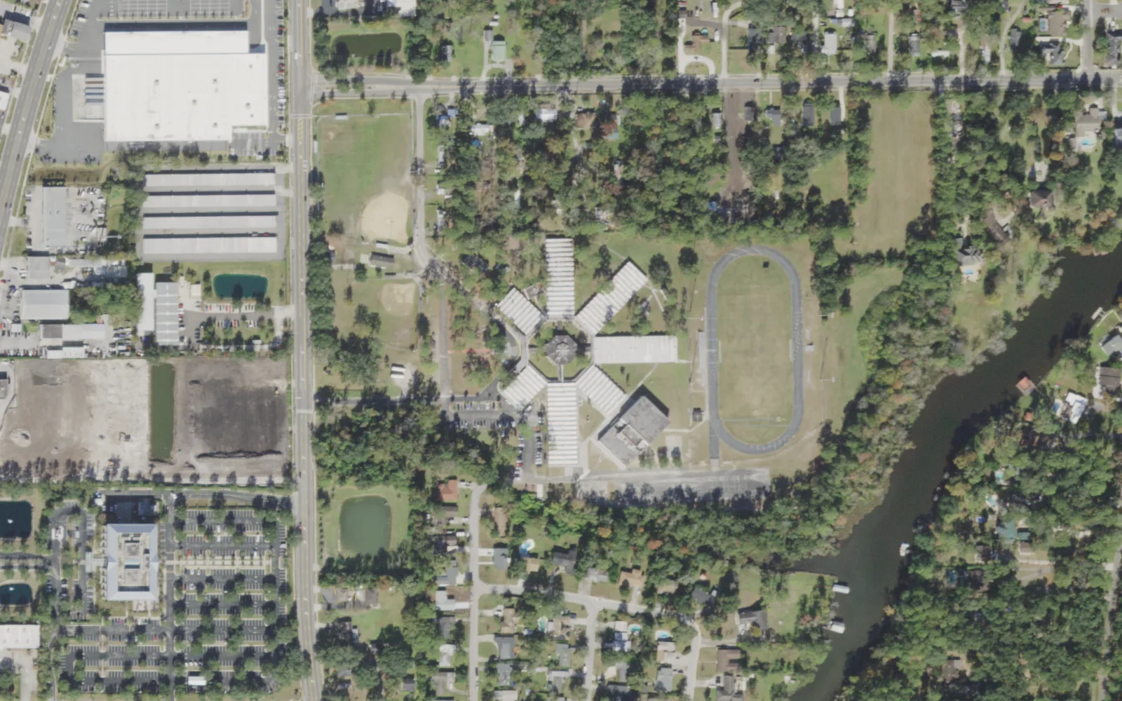 Westside Middle's campus (center) and the blocks around it on Wesconnett Boulevard in Jacksonville, seen from the air