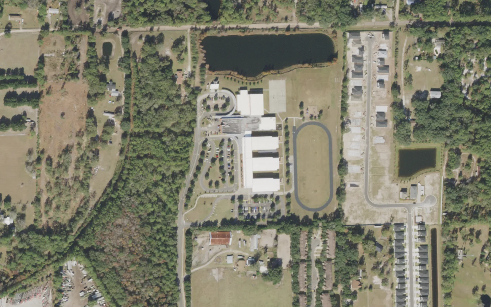 Westview K-8's campus (center) and the blocks around it on Connie Jean Road in Jacksonville, seen from the air