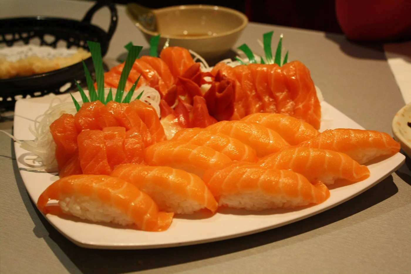 A platter of salmon sushi and sashimi. The photo was not taken at a Jacksonville restaurant.